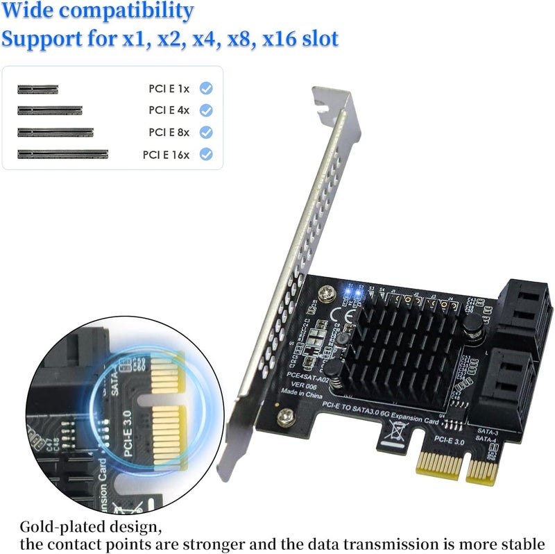 Xdingjiala 4-Port PCIe SATA III 6Gbps Expansion Card, PCIe x1 to 4 Port SATA 3.0 Controller Card - ASM1064 Chip, with Low Profile Bracket for Windows Linux Mac - Image 3